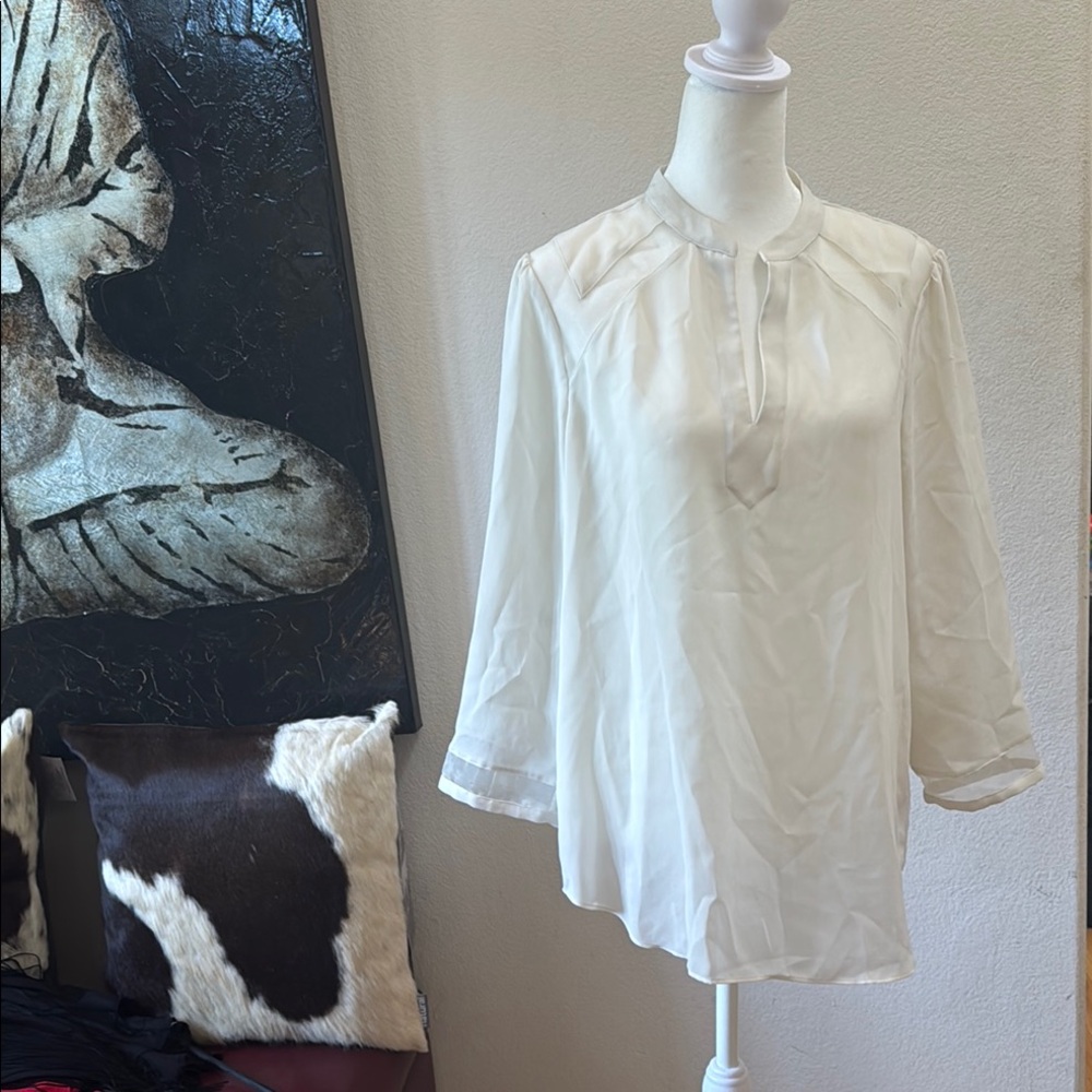 Lands' End White Relaxed Blouse with Mandarin Collar